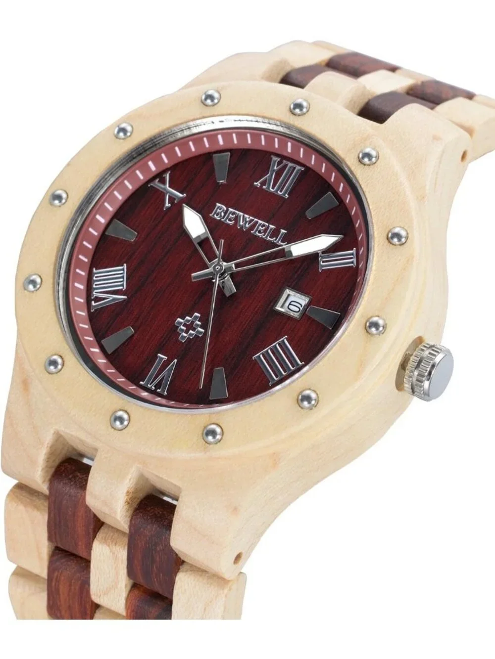 Men's Beige Red Handmade Date Display Analog Quartz Luminous Wrist Wooden Watch